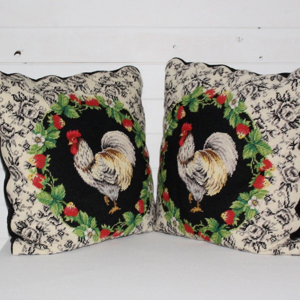 Vintage Rooster Chicken Embroidered Pillow Case ( Two )