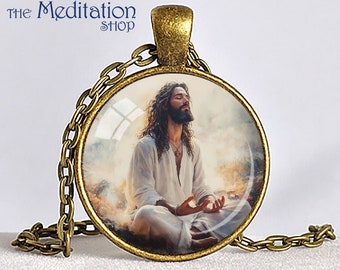 Jesus in Meditation Pendant: Fine Art Giclee Print, Bronze Necklace