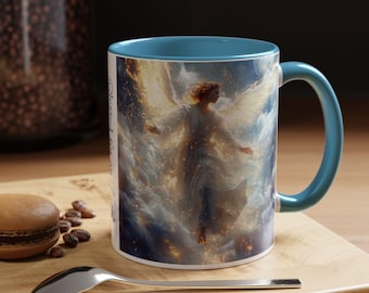 Blessed by Angel Coffee Mug: Sky Blue Handle, Angel Art