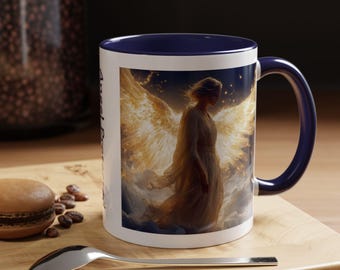 GUARDIAN ANGEL MUG 11oz or 15oz Printed Both Sides, "Angel Protected" Navy handle Angel Art Coffee Cup Angel Lover Gift Guardian Angel Mug