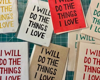 Things I Love Affirmation Cards, 3x4in Linocut Block Print Pack of 3