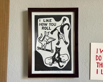 I Like How You Roll Cats Skating Linocut Art Print, 5 x 7in