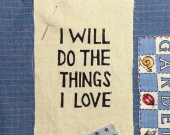 Sew-on Patch - Things I Love Affirmation, 3x4in Linocut Block Print on Fabric