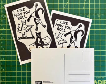 Postcard - I Like How You Roll Cats Skating Linocut Art Print, 4 x 6in