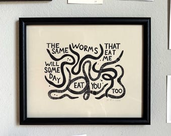 Worms by Viagra Boys lyrics, 8x10 Linocut Art Block Print