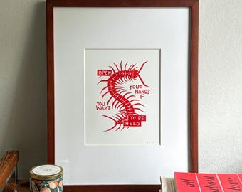 To Be Held Centipede Red or Black Print, 8x10in Linocut Art Block Print
