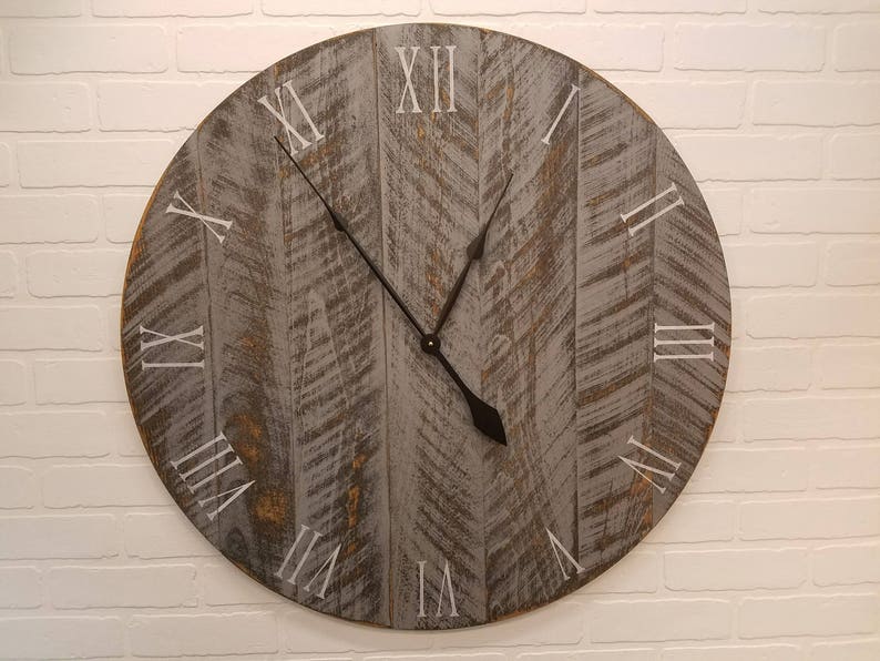 Large Wall Clock 36 Rustic Grey With Roman Numerals Etsy
