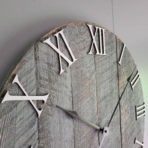 Large Wall Clock / Rustic grey with roman numerals / Made from rough cut and distressed to give it that reclaimed, barn wood look. image 4