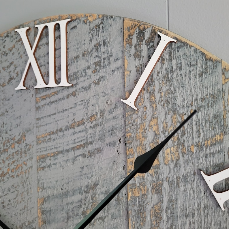 Large Wall Clock / Rustic grey with roman numerals / Made from rough cut and distressed to give it that reclaimed, barn wood look. image 3
