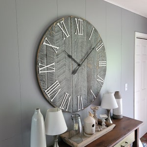 Large Wall Clock / Rustic grey with roman numerals / Made from rough cut and distressed to give it that reclaimed, barn wood look. image 1