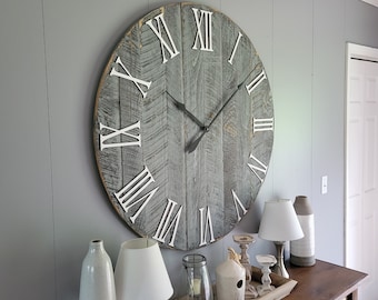 Large Wall Clock / Rustic grey with roman numerals / Made from rough cut and distressed to give it that reclaimed, barn wood look.