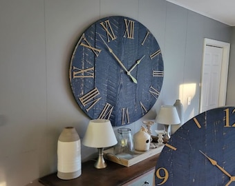 Large Wall Clock / 18" - 42" / Farmhouse Clock / Oversized wall clock/ Blue and Gold