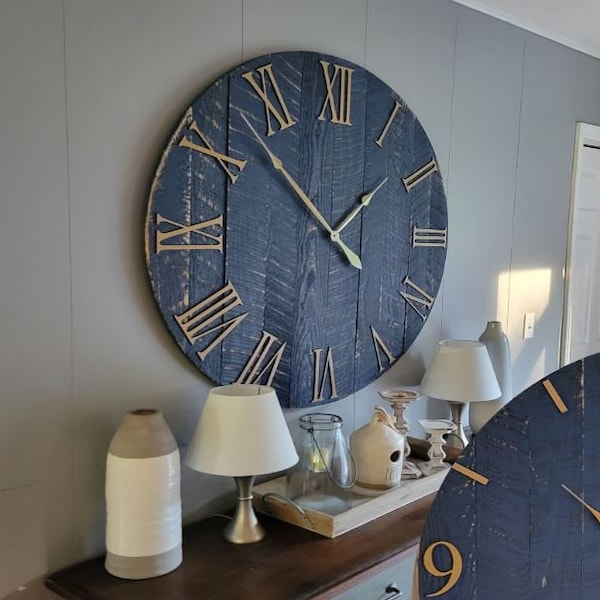 Large Wall Clock / 18" - 42" / Farmhouse Clock / Oversized wall clock/ Blue and Gold