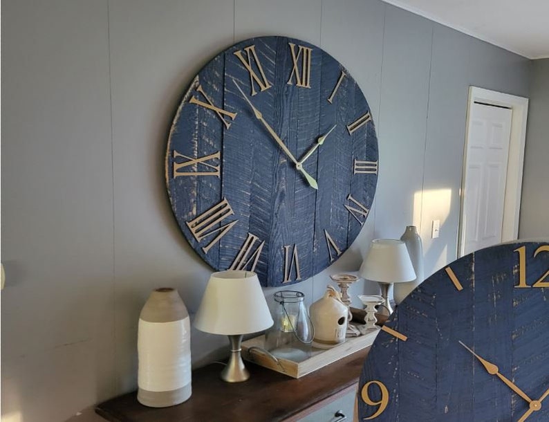 Large Wall Clock / 18 42 / Farmhouse Clock / Oversized wall clock/ Blue and Gold image 1