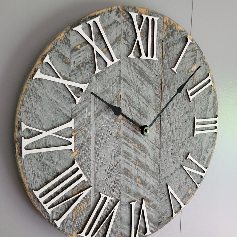 Large Wall Clock / Rustic grey with roman numerals / Made from rough cut and distressed to give it that reclaimed, barn wood look. image 2
