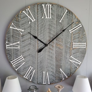 Large Wall Clock / Rustic grey with roman numerals / Made from rough cut and distressed to give it that reclaimed, barn wood look. image 6