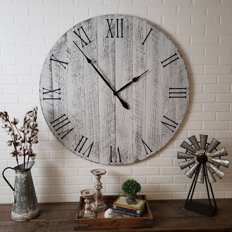 Large 42 Farmhouse Wall Clock White With Black Etsy