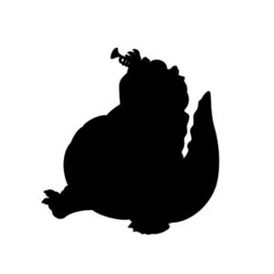 May include: Black silhouette of an alligator playing a trumpet. The alligator is sitting on its hind legs with its tail curled around its body.