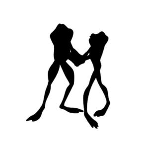 May include: Silhouette of two frogs facing each other, with their arms intertwined.