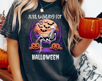 Just Waiting For Halloween Skeleton Hammock Shirt, Spooky Pumpkin & Bat Design, Personalized Halloween Tee, Trick Or Treat Halloween Shirt
