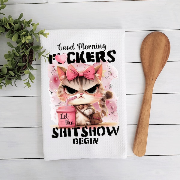 Watercolor Angry Morning Cat Kitchen Towel, Good Morning Let The Shit Show Begin, Personalized Kitchen Towels, Funny Decor, Gag Gift