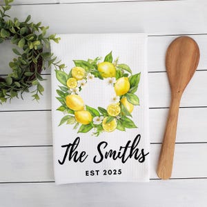 Personalized Lemon Wreath Kitchen Towel, Lemons Flowers, Waffle Weave Custom Name Dish Towel, Farmhouse Decor, Housewarming Gift