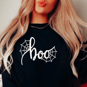 Halloween themed Crew Neck Sweatshirt, Spider Web Embroidered Sweatshirt, Halloween Embroidered Sweater, Boo Halloween Sweatshirt, Custom