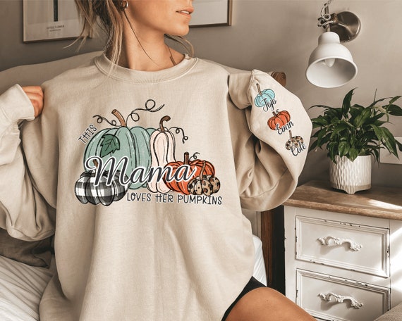 This Mama Loves Her Pumpkins Fall Crewneck Sweatshirt, Personalized Sweatshirt With Your Kids Names On The Sleeve, Mama Sweater