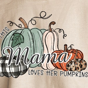 Pode incluir: Camisola bege com o gr&aacute;fico "This Mama loves her pumpkins". O gr&aacute;fico apresenta cinco ab&oacute;boras em v&aacute;rias cores e padr&otilde;es, incluindo verde, branco, laranja, preto e marrom.