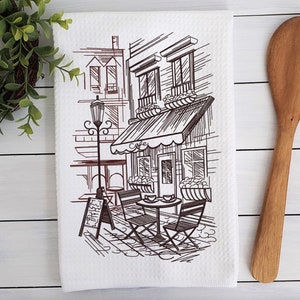 European Cafe Embroidered Kitchen Towel - Embroidered Towel - Coffee Towel - Kitchen Decor - Housewarming Gift - Coffee Lover Towel - Gift
