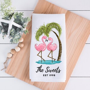 Summertime Flamingos And Palm Tree Kitchen Towel - Summer Kitchen Decor - Hand Towel - Dish Towel - Decorative Towel - Summer Hostess Gift