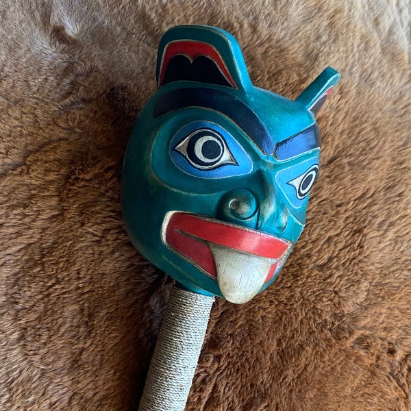 Ceremonial Bear Rattle #3 hand carved Pacific Northwest Kwakiutl tribal style wood reproduction Native American Indian