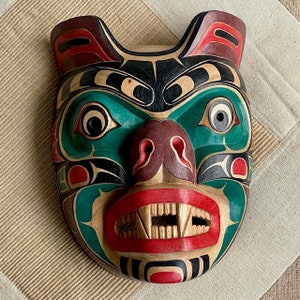 Bear Spirit Mask | Pacific Northwest Tribal Style | Hand Carved Hand Painted 10&quot; Ceremonial Reproduction | Museum Source