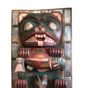 Bear Effigy Board w/ Iridescent Clam Shell Inlay | Pacific Northwest Tsimshian Style | Hand Carved Hand Painted Reproduction | Museum Source