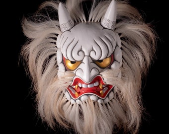 Great Devil God Japanese Noh Mask -- Daikijin  Hand Carved Hand Painted Wood Style B with Goat Hair. \