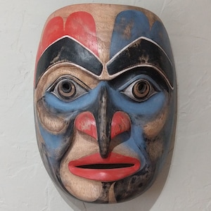 Hawk Spirit Mask | Bella Coola Pacific Northwest Tribal Style | Hand Carved Hand Painted 10&quot; | Museum Source