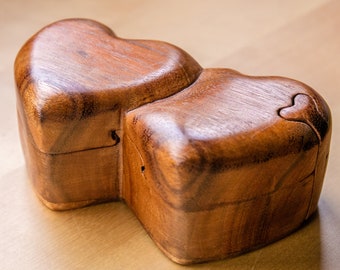 Two Hearts Puzzle Box - hand carved solid wood Valentine's Day gift - LOVE -  Fair trade, sustainable, plantation wood.