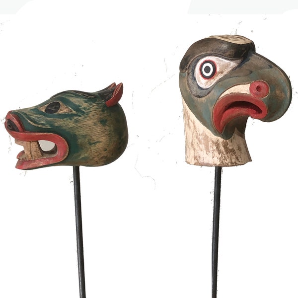 Haida Tribal Eagle and Wolf Heads on Stands: Native American  Pacific Northwest hand carved hand painted reproductions