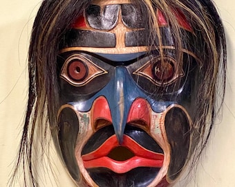 Hawk Spirit Mask with Hair | Hand-Carved | Pacific Northwest Tribal Wall Art | 10" Ceremonial Mask | Museum Source