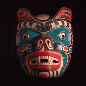 Bear Spirit Mask | Pacific Northwest Tribal Style | Hand Carved Hand Painted 10" Ceremonial Reproduction | Museum Source image 6