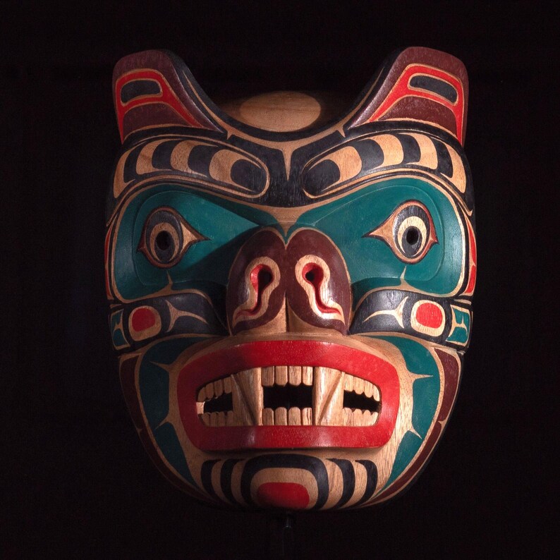 Bear Spirit Mask | Pacific Northwest Tribal Style | Hand Carved Hand Painted 10" Ceremonial Reproduction | Museum Source image 6