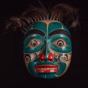 Charles Edenshaw Inspired Ancestor Mask | Native Tribal Style Ceremonial Art | Green & Red Paint with Horse Hair | Museum Source