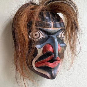 Hawk Spirit Mask with Hair | Hand-Carved | Pacific Northwest Tribal Wall Art | 10&quot; Ceremonial Mask | Museum Source