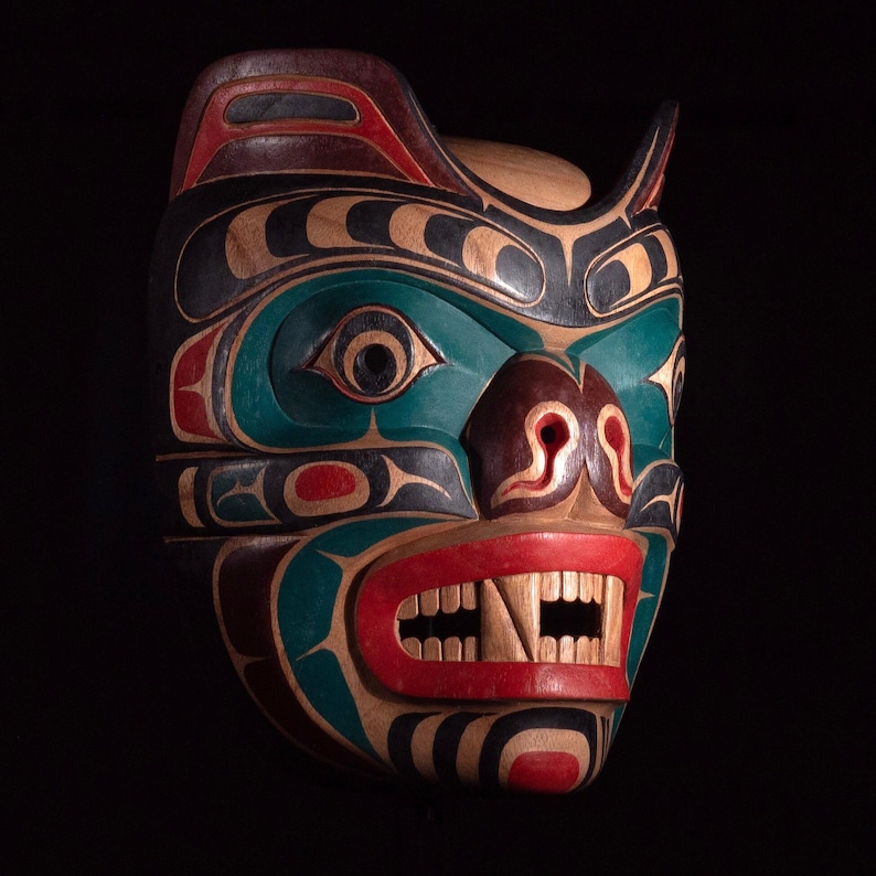 Bear Spirit Mask | Pacific Northwest Tribal Style | Hand Carved Hand Painted 10" Ceremonial Reproduction | Museum Source image 7
