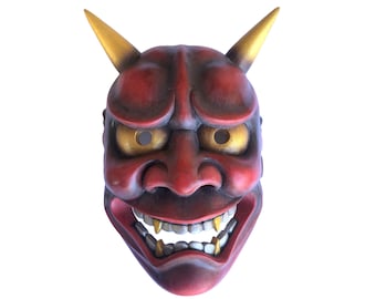 Hannya Japanese Noh Mask Red --Hand Carved Hand Painted Wood