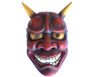 Hannya Japanese Noh Mask | Red Demon Mask | Hand Carved Hand Painted Wood | Traditional Theater Reproduction | Museum Source