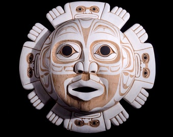 Moon Spirit Mask | Pacific Northwest Tribal Style | Hand Carved Hand Painted | &quot;Lunar Eclipse&quot; Shaman | Museum Source