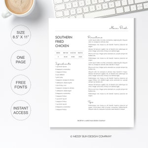 8.5x11 Editable Recipe Template | Personalized DIY Recipe Sheet Cookbook | Clean Simple Modern White Minimal | Recipe Page, Word