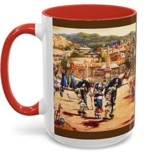 Coffee Mug Santa Fe History-New Mexico City Different Cup-Southwest Fine Art Gift Mug-Pueblo Style Buffalo Dancers-Santa Fe Plaza Fine Art