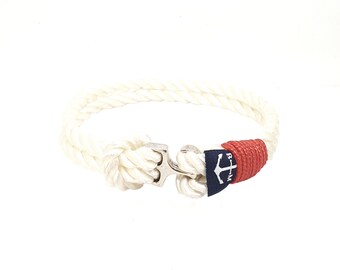 Handmade White Rope Bracelet, Red Accent, Nautical Shackle Jewelry